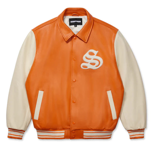 Sp5der Orange Leather Varsity Jacket